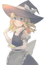 Rule 34 | 1girl, :t, apron, artist request, blonde hair, blouse, blush, bow, braid, dango, dress, eating, food, fruit, hat, highres, holding, holding food, kirisame marisa, looking at viewer, pinafore dress, puffy sleeves, shirt, short sleeves, single braid, sleeveless dress, solo, touhou, vest, wagashi, waist apron, white background, white shirt, witch hat