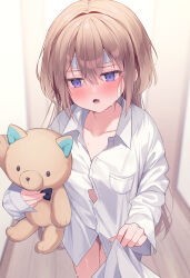 Rule 34 | 1girl, blush, borrowed clothes, brown hair, collarbone, collared shirt, commentary request, dress shirt, ebihara beniko, fang, hair between eyes, highres, holding, holding stuffed toy, indoors, naked shirt, open mouth, original, purple eyes, shirt, solo, stuffed animal, stuffed cat, stuffed toy, sweat, white shirt, wooden floor