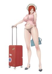 Rule 34 | 1girl, absurdres, artist name, bag, bare arms, black panties, breasts, brown eyes, crop top, full body, fushe, handbag, hat, high heels, highres, impossible clothes, impossible shirt, large breasts, long hair, looking at viewer, luggage, navel, original, panties, pink shirt, red hair, ribbon, rolling suitcase, shirt, simple background, sleeveless, sleeveless shirt, smile, solo, standing, stomach, strappy heels, suitcase, tattoo, underwear, white background, white hat