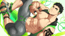 Rule 34 | 1boy, abs, arm tattoo, bara, bare pectorals, black hair, green eyes, green hair, grey pants, highres, holding, holding pen, kuroshinki, large pectorals, male focus, multicolored hair, muscular, muscular male, navel, nipples, open clothes, original, paid reward available, pants, pectorals, pen, sandals, short hair, sitting, smile, solo, tattoo, two-tone hair