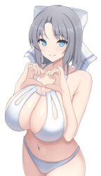 Rule 34 | 1girl, armpit crease, azur lane, bare arms, bare shoulders, bikini, blue eyes, bow, breasts, cleavage, closed mouth, commentary request, cowboy shot, grey hair, hair bow, halterneck, hands up, heart, heart hands, highres, large breasts, light blush, looking at viewer, medium hair, navel, official alternate costume, senran kagura, simple background, smile, solo, standing, stomach, surippa1010, swimsuit, white background, white bikini, white bow, yumi (afternoon teatime) (senran kagura), yumi (senran kagura)