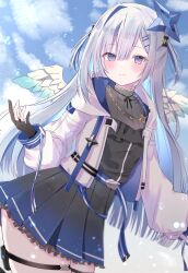 Rule 34 | 1girl, amane kanata, amane kanata (work), angel wings, black dress, black gloves, blue sky, blush, closed mouth, cloud, day, dress, feathered wings, gloves, gradient wings, grey hair, hair ornament, hairclip, halo, highres, hololive, hood, hood down, hooded jacket, jacket, jewelry, looking at viewer, mini wings, multicolored wings, necklace, official alternate costume, official alternate hair length, official alternate hairstyle, outdoors, partially fingerless gloves, purple eyes, sky, smile, solo, star (symbol), star halo, star necklace, thigh strap, virtual youtuber, white jacket, wings, yomogi mogu