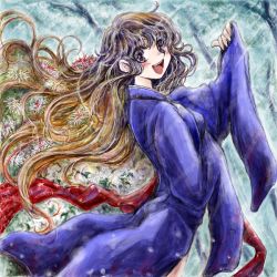 Rule 34 | 1girl, blue kimono, female focus, flower, hijiri byakuren, japanese clothes, kimono, long hair, nanashii (soregasisan), oekaki, solo, touhou, yukata