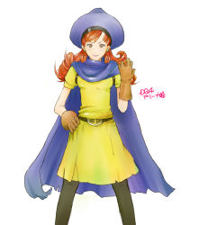 Rule 34 | alena (dq4), blush, brown eyes, cape, chunsoft, curly hair, dragon quest, dragon quest iv, dress, earrings, enix, gloves, hat, jewelry, lipstick, long hair, makeup, pantyhose, red hair, smile, solo, sukerock