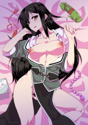 Rule 34 | 10s, 1girl, anal beads, arm behind head, ass, bed sheet, black hair, breasts, chikuma (kancolle), collarbone, come hither, dildo, female pubic hair, groin, kantai collection, large breasts, long hair, looking at viewer, nipples, no bra, no panties, open clothes, open shirt, parted lips, pelvic curtain, pubic hair, puffy nipples, sex toy, shirt, shoushinmono, skirt, skirt set, solo, tanaka ginji, vibrator
