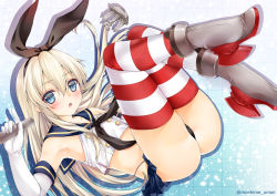 Rule 34 | 10s, 1girl, anchor hair ornament, ass, black panties, blonde hair, blue eyes, elbow gloves, gloves, hair ornament, hair ribbon, highleg, highleg panties, kantai collection, legs up, long hair, looking at viewer, microskirt, midriff, navel, neckerchief, obiwan, open mouth, panties, ribbon, school uniform, serafuku, shimakaze (kancolle), skirt, solo, striped clothes, striped thighhighs, thighhighs, thighs, underwear, very long hair, white gloves