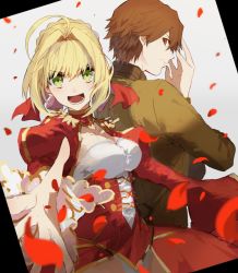 Rule 34 | 10s, 1boy, 1girl, blonde hair, breasts, brown eyes, brown hair, cleavage, dress, fate/extra, fate/extra ccc, fate (series), green eyes, hair intakes, kishinami hakuno (male), looking at viewer, nero claudius (fate), nero claudius (fate) (all), nero claudius (fate/extra), open mouth, petals, smile, vegg