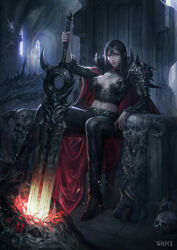 Rule 34 | 1girl, absurdres, armor, black hair, black pants, cape, concept art, highres, holding, holding sword, holding weapon, long hair, looking at viewer, original, pants, pauldrons, pointy ears, shoulder armor, signature, single pauldron, sitting, skull, sword, throne, wan1, watermark, weapon, yellow eyes