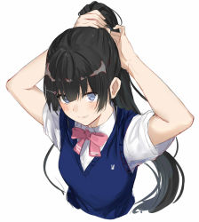 Rule 34 | 1girl, alternate hairstyle, arms up, black hair, blue eyes, blue vest, blush, bow, bowtie, breasts, closed mouth, collared shirt, grin, hair between eyes, hair ornament, hairclip, highres, isshiki (ffmania7), long hair, looking at viewer, medium breasts, nijisanji, pink bow, pink bowtie, ponytail, shirt, short sleeves, simple background, smile, solo, straight hair, tsukino mito, tsukino mito (3rd costume), tying hair, upper body, vest, virtual youtuber, white background, white shirt