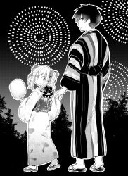 Rule 34 | 1boy, 1girl, aerial fireworks, blush, child, closed mouth, dale lecky, fireworks, floral print, greyscale, holding hands, height difference, highres, holding, hota, japanese clothes, kimono, latina (uchi no musume no tame naraba), long sleeves, looking at viewer, looking back, medium hair, monochrome, obi, parted lips, sandals, sash, summer festival, twintails, uchi no musume no tame naraba ore wa moshikashitara maou mo taoseru kamo shirenai., wide sleeves, yukata