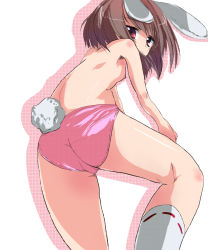 Rule 34 | 1girl, :3, animal ears, ass, black hair, brown hair, cameltoe, female focus, flat chest, from below, highres, inaba tewi, nipples, niwatori gunsou, panties, panties only, pink panties, rabbit ears, rabbit girl, rabbit tail, red eyes, solo, tail, topless, touhou, underwear, underwear only