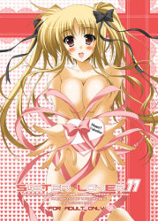 Rule 34 | 00s, 1girl, blonde hair, blush, bow, breasts squeezed together, breasts, censored, convenient censoring, cover, fate testarossa, gift, groin, hair bow, heart, large breasts, long hair, lyrical nanoha, mahou shoujo lyrical nanoha, mahou shoujo lyrical nanoha strikers, naked ribbon, nude, oda ken&#039;ichi, pink eyes, ribbon, sister lover, solo, twintails, valentine, very long hair