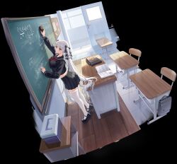 Rule 34 | 1girl, absurdly long hair, absurdres, azur lane, bag, black bow, black footwear, black sailor collar, black serafuku, black skirt, board eraser, book, bow, breasts, byulzzi, chalk, chalkboard, classroom, eraser, formidable (azur lane), formidable (the lover&#039;s heart flutters on duty) (azur lane), full body, grey hair, hair bow, highres, indoors, large breasts, loafers, long hair, long sleeves, looking at viewer, neckerchief, non-web source, official alternate costume, official art, open book, pleated skirt, red eyes, red neckerchief, sailor collar, school bag, school uniform, serafuku, shoes, skirt, table, thighhighs, tiptoes, twintails, very long hair, white thighhighs