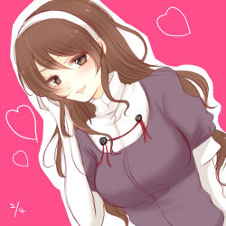 Rule 34 | 10s, 1girl, ashigara (kancolle), bad id, bad pixiv id, brown eyes, brown hair, gloves, hairband, heart, kantai collection, long hair, simple background, smile, solo, sui (camellia), upper body, white gloves
