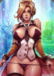 Rule 34 | 1boy, 2girls, alternate costume, areola slip, band, bare shoulders, between breasts, blonde hair, blue eyes, breasts, coattails, headphones, high ponytail, hologram, impossible clothes, kachima, large breasts, lips, long hair, looking at viewer, mercy (overwatch), multiple girls, necktie, necktie between breasts, overwatch, overwatch 1, panties, panty pull, pharah (overwatch), pulling own clothes, purple panties, pussy, pussy peek, solo focus, thighhighs, underbust, underwear, wrist cuffs