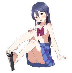 Rule 34 | 10s, 1girl, barefoot, blue hair, blue nails, blush, bow, breasts, censored, convenient censoring, feet, footjob, long hair, love live!, love live! school idol project, microphone, nail polish, open mouth, panties, sexually suggestive, skirt, small breasts, sonoda umi, sukaru573, toes, underwear