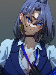Rule 34 | 1girl, black gloves, blue eyes, blue hair, blue vest, breasts, cleavage, closed mouth, collared shirt, dangle earrings, dress shirt, ear piercing, earrings, formal, gloves, grey background, hair intakes, highres, hololive, hololive english, jewelry, large breasts, looking at viewer, loose necktie, mafia (vocaloid), necktie, ouro kronii, partially unbuttoned, piercing, shirt, solo, upper body, vest, virtual youtuber, white shirt, yuutomeh