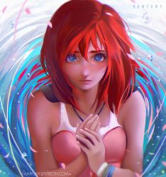 Rule 34 | 1girl, artist name, bad deviantart id, bad id, bare shoulders, blue eyes, blurry, blush, closed mouth, depth of field, dress, expressionless, hair between eyes, kairi (kingdom hearts), kingdom hearts, long hair, looking at viewer, numyumy, own hands together, petals, pink dress, red hair, sleeveless, sleeveless dress, solo, upper body, w arms, water, watermark, web address, wristband