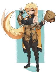 Rule 34 | 1girl, absurdly long hair, absurdres, black footwear, black gloves, black pantyhose, black skirt, blonde hair, blue eyes, boots, breasts, brown jacket, commentary, curvy, english commentary, fanning face, fingerless gloves, full body, fur hat, gloves, guilty gear, guilty gear strive, halterneck, hat, unworn hat, unworn headwear, highres, hot, jacket, large breasts, long hair, millia rage, miniskirt, no bra, off-shoulder jacket, off shoulder, one eye closed, pantyhose, prehensile hair, sideboob, skirt, solo, sweat, thick thighs, thighs, ushanka, very long hair, zanamaoria