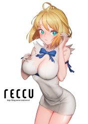 Rule 34 | 1girl, ahoge, aqua eyes, bad id, bad pixiv id, blonde hair, bow, bowtie, breasts, cleavage, cleavage cutout, clothing cutout, cosplay, covered navel, dated, dress, dungeon ni deai wo motomeru no wa machigatteiru darou ka, fingernails, hand on own chest, hestia (danmachi), hestia (danmachi) (cosplay), highres, large breasts, leaning forward, long fingernails, looking at viewer, rachel (seven knights), reccu, rei no himo, ribbon, seven knights, short dress, short hair, simple background, solo, thighs, white background, white dress