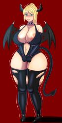 Rule 34 | 1girl, absurdres, areola slip, blonde hair, blush, breasts, choker, cleavage, covered erect nipples, curvy, demon girl, demon horns, demon tail, demon wings, elbow gloves, fladdykin, gloves, green eyes, highres, horns, huge breasts, large areolae, long hair, looking at viewer, metroid, navel, nintendo, ponytail, red background, samus aran, solo, tail, thick thighs, thighhighs, thighs, torn clothes, torn thighhighs, wide hips, wings