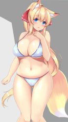 Rule 34 | 1girl, animal ear fluff, animal ears, bikini, blonde hair, blue eyes, blush, breasts, cleavage, fox ears, fox tail, hair ribbon, highres, knees together feet apart, large breasts, long hair, looking at viewer, open mouth, original, ponytail, ribbon, simple background, sogaya, solo, standing, swimsuit, tail, white bikini