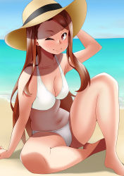 Rule 34 | 10s, 1girl, arm support, armpits, beach, bikini, breasts, brown eyes, brown hair, cleavage, collarbone, day, hat, holding, holding clothes, holding hat, idolmaster, idolmaster (classic), idolmaster 2, looking at viewer, medium breasts, minase iori, ocean, one eye closed, outdoors, sitting, sky, smile, solo, stomach, straw hat, swimsuit, takano (sora), thighs, white bikini