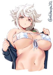 Rule 34 | 1girl, alternate costume, asymmetrical hair, bikini, blue jacket, braid, breasts, brown eyes, cleavage cutout, clothing cutout, covered erect nipples, cropped torso, ebifurya, eyepatch bikini, front-tie top, hair ornament, highres, jacket, jitome, kantai collection, large breasts, lips, long hair, looking at viewer, navel, open clothes, open jacket, parted lips, silver hair, simple background, single braid, solo, stomach, swimsuit, unryuu (kancolle), upper body, very long hair, wavy hair, white background, white bikini