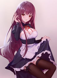 Rule 34 | 1girl, absurdres, black thighhighs, cleavage cutout, clothes lift, clothing cutout, dagger, dress, dress lift, fate (series), garter straps, hand in own hair, highres, knife, lace, lace-trimmed legwear, lace trim, littleamber, long hair, looking at viewer, maid, no bra, red eyes, red hair, ribbon, scathach (fate), skirt, solo, thighhighs, thighs, very long hair, weapon