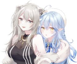 Rule 34 | 2girls, :o, absurdres, ahoge, animal ears, blouse, blue bow, blue hair, blue jacket, bow, breasts, cleavage, collared shirt, elf, fang, fur trim, grey eyes, grey hair, hair between eyes, halterneck, heart, heart ahoge, heart hair, highres, holding another&#039;s arm, hololive, jacket, lion ears, lion girl, long hair, medium breasts, multiple girls, off shoulder, open mouth, pointy ears, see-through, see-through cleavage, shirt, shishiro botan, shishiro botan (1st costume), simple background, smile, sui (camellia), upper body, virtual youtuber, white background, white shirt, yellow eyes, yukihana lamy