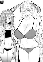 Rule 34 | 2girls, antennae, artist name, blush, bra, breast envy, breasts, cleavage, closed eyes, commentary, commission, cowboy shot, curvy, english commentary, flat chest, glasses, greyscale, highres, large breasts, legs together, long hair, looking at breasts, monochrome, multiple girls, navel, norman maggot, original, panties, round eyewear, simple background, standing, strap gap, sweatdrop, underwear, undressing, unusual pupils, very long hair, white background