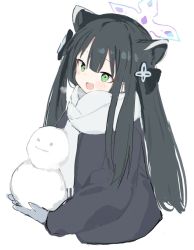 Rule 34 | 1girl, animal ear fluff, animal ears, black hair, blue archive, blush, breath, cold, duplicate, gloves, green eyes, grey background, grey gloves, hair ornament, halo, holding, holding snowman, long hair, open mouth, pixel-perfect duplicate, sanma (tabet ), scarf, shun (blue archive), shun (small) (blue archive), sketch, smile, snowman, solo, twintails, white scarf, winter clothes