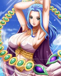 Rule 34 | 1girl, absurdres, armpits, arms up, artist name, blue hair, blue sky, bracelet, breasts, brown eyes, cape, cleavage, clothing cutout, cloud, commentary, covered erect nipples, dress, dripping, earrings, english commentary, eyelashes, flying sweatdrops, highres, jewelry, large breasts, lips, long hair, looking at viewer, midriff, nefertari vivi, one piece, parted lips, rakara11 (rakkarts), sky, sleeveless, sleeveless dress, smile, solo, stomach cutout, sweat, sweaty clothes, swirling, upper body, watermark, wind