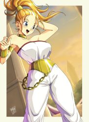 bare_shoulders blonde_hair blue_eyes bracelet breasts chrono_trigger danmakuman gold_bracelet gold_choker highres jewelry long_hair marle_(chrono_trigger) medium_breasts ponytail smile