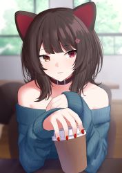 Rule 34 | 1girl, alternate costume, alternate hairstyle, animal ears, blue sweater, brown collar, brown eyes, brown hair, coffee cup, collar, cup, disposable cup, dog ears, dog girl, flower, hair flower, hair ornament, head tilt, heterochromia, highres, holding, holding cup, inui toko, medium hair, nail polish, nichijo, nijisanji, off-shoulder sweater, off shoulder, red eyes, red nails, smile, solo, sweater, virtual youtuber