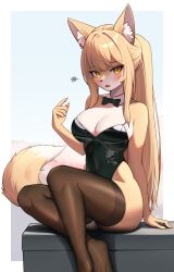 Rule 34 | 1girl, absurdres, animal ear fluff, animal ears, animal nose, black leotard, blonde hair, blush, body fur, bow, bowtie, breasts, brown thighhighs, cleavage, detached collar, female focus, fox ears, fox girl, fox tail, furry, furry female, green bow, green bowtie, highleg, highleg leotard, highres, jeifier (korfiorano01), large breasts, leotard, long hair, looking at viewer, open mouth, original, pawpads, ponytail, solo, strapless, strapless leotard, tail, thighhighs, two-tone fur, yellow eyes