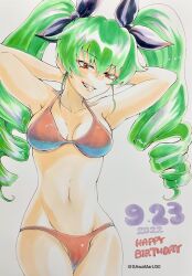 Rule 34 | 1girl, anchovy (girls und panzer), armpits, arms behind head, bikini, black ribbon, breasts, cowboy shot, dated, drill hair, english text, girls und panzer, green hair, grin, groin, hair ribbon, half-closed eyes, halterneck, happy birthday, highres, long hair, looking at viewer, medium breasts, navel, red bikini, red eyes, ribbon, sawamaru30, smile, solo, standing, swimsuit, traditional media, twin drills, twintails, twitter username