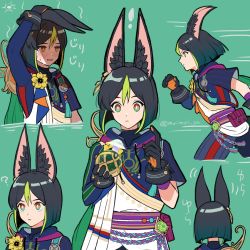 Rule 34 | !, 1boy, ?, animal ear fluff, animal ears, arm up, asymmetrical sleeves, blunt ends, bright pupils, cape, closed mouth, commentary request, drawstring, earrings, flower, fox boy, fox ears, fox tail, genshin impact, green background, green eyes, hand on own head, holding, hood, hood down, hoodie, jacket, jewelry, male focus, medal, moimoi yu, multicolored hair, multiple views, pouch, rope belt, running, simple background, single earring, solo, streaked hair, sweat, tail, tassel, tighnari (genshin impact), twitter username, two-tone gloves, vision (genshin impact), white pupils, yellow flower