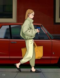 Rule 34 | 1girl, bag, black footwear, brown hair, car, cup, disposable cup, female focus, from side, green pants, highres, holding, holding cup, jacket, long hair, motor vehicle, original, outdoors, pants, profile, shoes, sidewalk, signature, solo, walking, yukina (kimura 731)