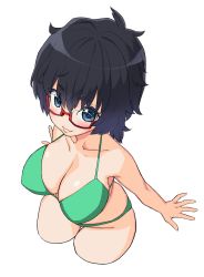 Rule 34 | 1girl, black eyes, black hair, blush, bow, breasts, cleavage, commentary, cowboy shot, cropped legs, girls und panzer, glasses, green bow, highres, large breasts, leaning forward, looking at viewer, medium hair, messy hair, oryou (girls und panzer), ouma bunshichirou, red-framed eyewear, semi-rimless eyewear, short ponytail, simple background, skindentation, solo, standing, thigh gap, under-rim eyewear, white background