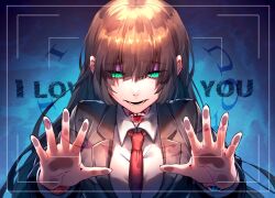 Rule 34 | 1girl, against fourth wall, aosoraa6, black jacket, body horror, breasts, brown hair, collared shirt, commentary request, employee (project moon), english text, formal, green eyes, jacket, lobotomy corporation, long hair, long sleeves, necktie, open clothes, open jacket, open mouth, project moon, red necktie, shirt, small breasts, smile, suit, white shirt