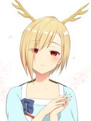 Rule 34 | 1girl, antlers, blonde hair, blue bow, blue nails, blue shirt, bow, closed mouth, collarbone, dragon horns, expressionless, eyes visible through hair, floral background, hair over one eye, hands up, head tilt, horns, kicchou yachie, light blush, looking at viewer, nail polish, nnyara, own hands together, red eyes, shirt, short hair, simple background, slit pupils, solo, touhou, turtle shell, upper body, white background