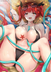 Rule 34 | 1girl, azur lane, bare shoulders, bikini, black bikini, blush, breasts, cleavage, collarbone, commentary request, cyicheng, dripping, eyewear on head, hat, honolulu (azur lane), honolulu (summer accident?!) (azur lane), hose, hose between breasts, large breasts, long hair, looking at viewer, nail polish, navel, open mouth, partial commentary, cameltoe, red hair, starfish, straw hat, sunglasses, swimsuit, twintails, water drop, wet