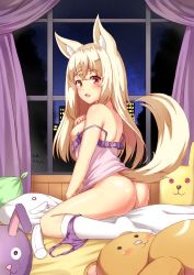 Rule 34 | 1girl, animal ears, ass, back, bed sheet, blonde hair, blush, body pillow, bottomless, breasts, camisole, cityscape, clothes pull, commentary request, curtains, dated, fang, fox ears, fox tail, frilled shirt, frills, from behind, hair ornament, hairclip, hand on own chest, highres, indoors, kemo (pokka), legs, light blush, light frown, long hair, looking at viewer, looking back, medium breasts, night, nipples, on bed, open mouth, original, panties, panties around leg, pillow, purple shirt, red eyes, shirt, shirt pull, signature, sitting, sky, socks, solo, star (sky), starry sky, straddling, strap slip, stuffed animal, stuffed rabbit, stuffed toy, tail, teddy bear, underwear, white socks, window