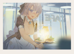 Rule 34 | 1girl, :d, breasts, brown hair, cleavage, food, heart, heart-shaped pupils, hjl, jar, looking at viewer, official art, open mouth, smile, solo, symbol-shaped pupils, teeth, waitress