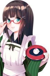 Rule 34 | 10s, 1girl, adjusting eyewear, alternate costume, ama usa an uniform, apron, bespectacled, bird, black hair, bonfurai, chicken, chinese zodiac, cosplay, glasses, gochuumon wa usagi desu ka?, green eyes, hair ribbon, highres, hime cut, japanese clothes, kimono, kurosawa dia, long hair, long sleeves, love live!, love live! sunshine!!, maid, mole, mole under mouth, out of frame, red-framed eyewear, ribbon, rooster, simple background, sleeves past wrists, smile, solo, standing, transparent background, tray, ujimatsu chiya, ujimatsu chiya (cosplay), wa maid, white background, wide sleeves, year of the rooster