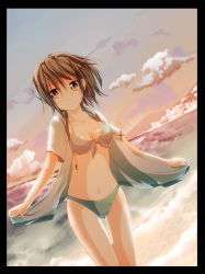 Rule 34 | 1girl, aoi kujira, beach, bikini, breasts, brown eyes, brown hair, cleavage, front-tie top, medium breasts, navel, ocean, open clothes, open shirt, original, shirt, solo, swimsuit