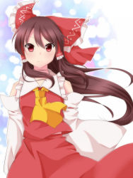 Rule 34 | 1girl, ascot, bow, breasts, brown hair, closed mouth, collared vest, commentary request, detached sleeves, floating hair, frilled bow, frills, hair bow, hair tubes, hakurei reimu, highres, long hair, long sleeves, looking at viewer, midriff peek, red bow, red eyes, red skirt, red vest, ribbon-trimmed skirt, ribbon trim, sidelocks, skirt, small breasts, torizaki kuyuri, touhou, vest, white sleeves, wide sleeves, yellow ascot