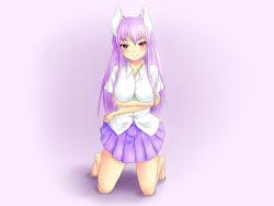 Rule 34 | 1girl, animal ears, barefoot, breasts, budou no tane, rabbit ears, crossed arms, dress shirt, covered erect nipples, female focus, highres, impossible clothes, impossible shirt, kneeling, large breasts, long hair, naughty face, pleated skirt, purple hair, red eyes, reisen udongein inaba, shirt, skirt, smirk, solo, touhou, wallpaper