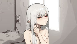 Rule 34 | 1girl, blush, breasts, closed mouth, completely nude, electrical outlet, electrical outlet, gogalking, half-closed eyes, hand up, highres, nude, original, pointy ears, red eyes, slit pupils, small breasts, solo, upper body, vampire (gogalking), white hair